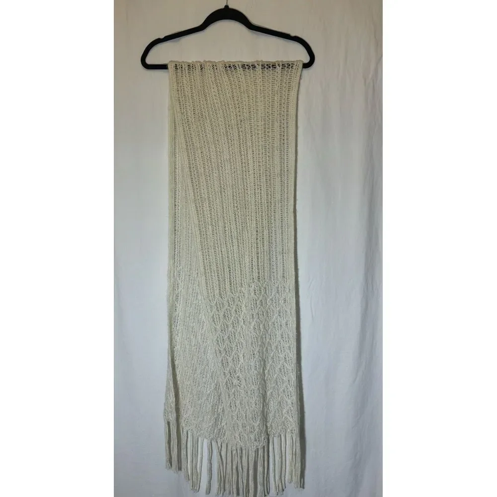 Women's Cream With Glitter Flecks Crochet Scarf Wrap Lightweight Fringe Ends Z11